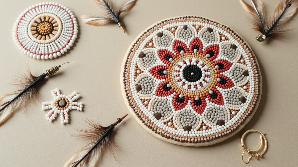 Bright beadwork patterns, feathers, and traditional designs on indigenous regalia laid out on a woven mat, no humans or text present.