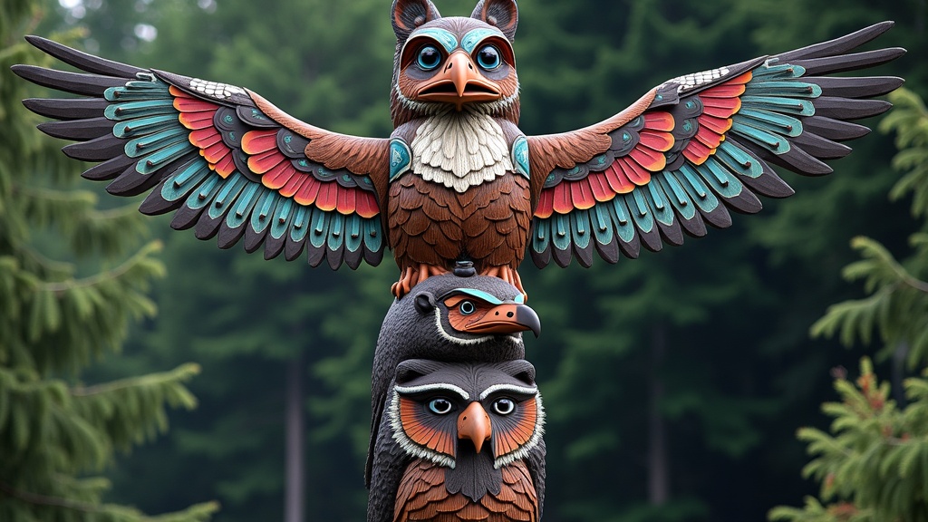Native American totem pole, symbols of eagle, bear, wolf, owl, and thunderbird