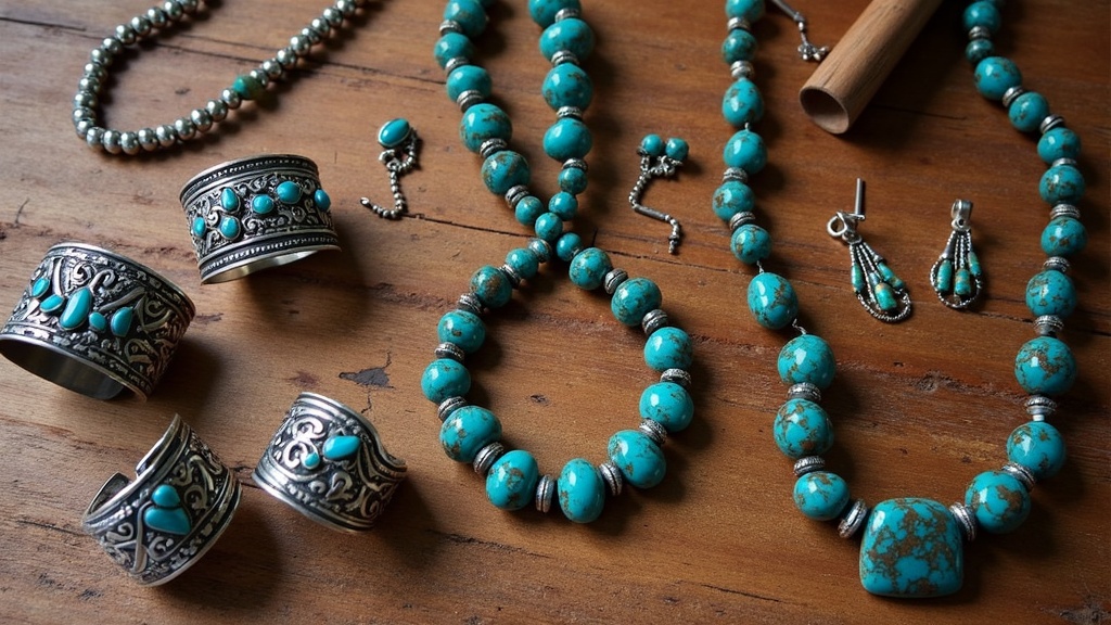 Native American turquoise and silver jewelry with beads and traditional patterns on a rustic background